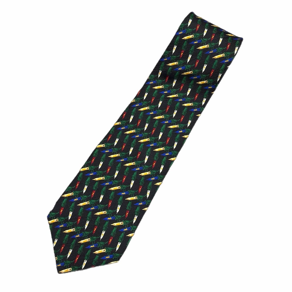 FN Mens Silk Necktie Black Christmas String Lights Holiday Made in USA